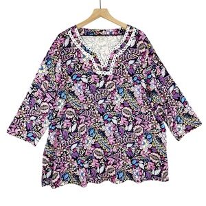 Talbots Shirt Womens Plus 3X Blue Purple Floral Eyelet Trim Split V-Neck